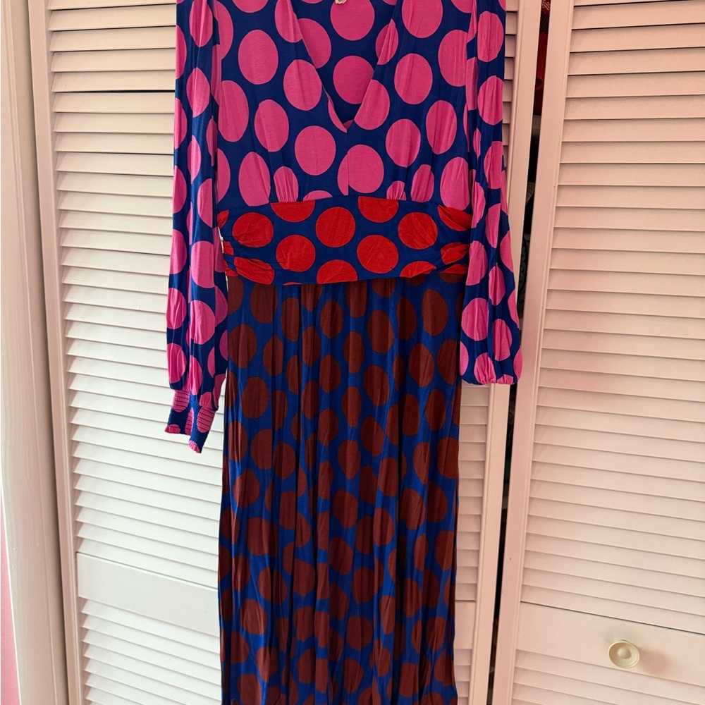 Boden Polka Dot Maxi Dress in Blue, Pink & Red